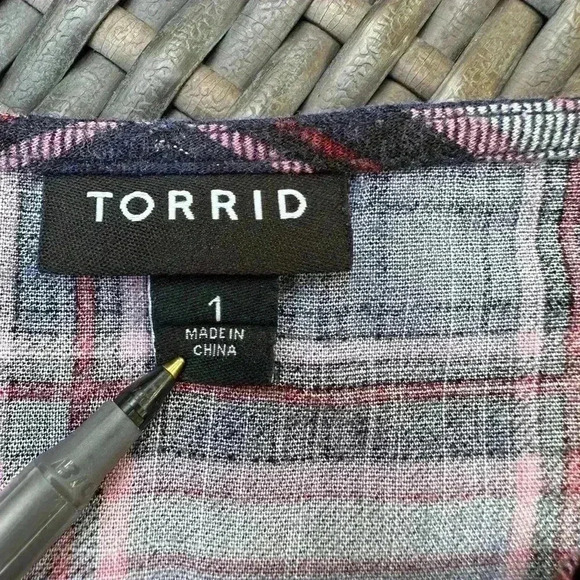 Torrid plus size navy plaid top smocking tiered crochet insert on sleeve size 1 - Picture 8 of 9